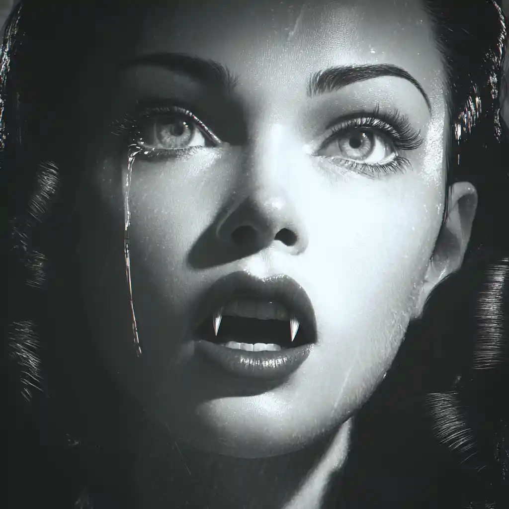 Melancholic vampire woman close up in black and white