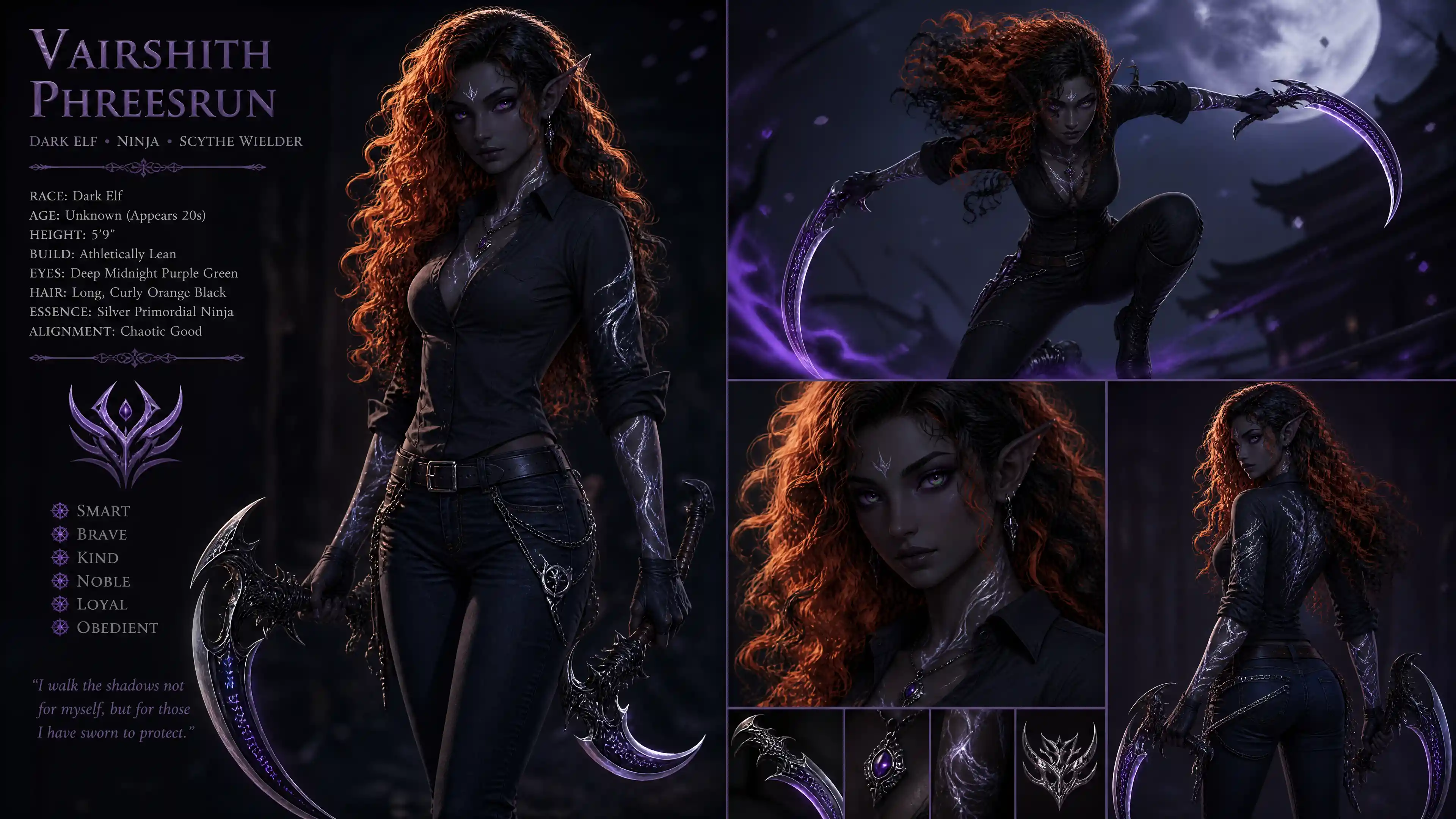 Dark elf woman with dual hand scythes in casual clothes