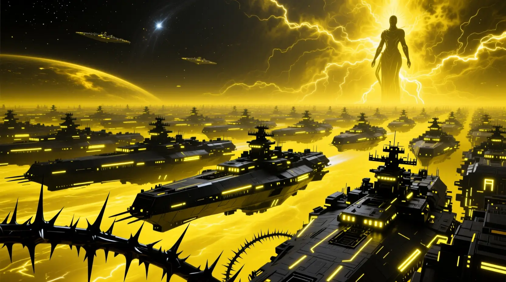 Vast sci fi fleet of battleships in glowing yellow space
