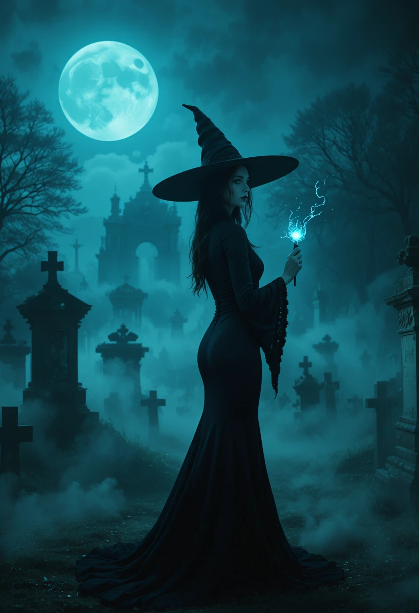Bruja elegante con varita brillante en cementerio a la luz de la luna