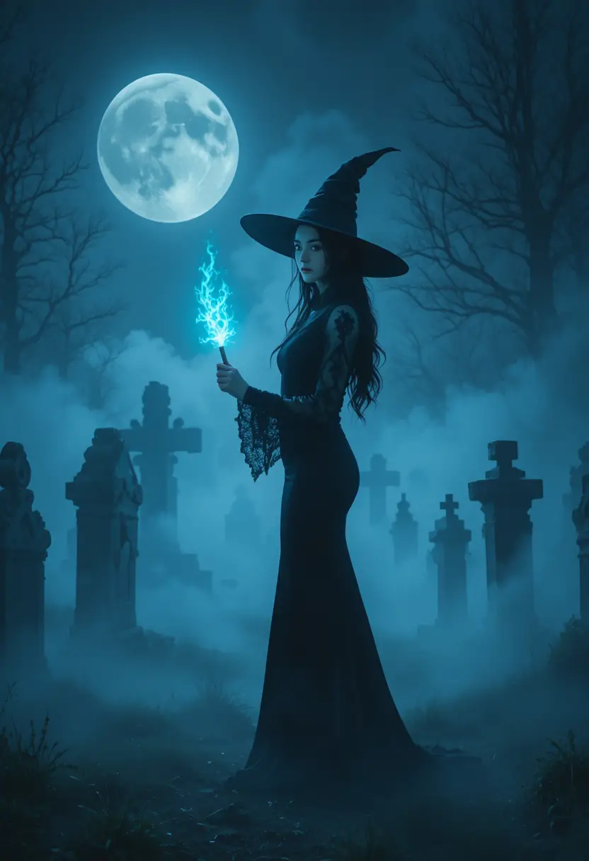 Elegant witch with glowing wand in misty graveyard