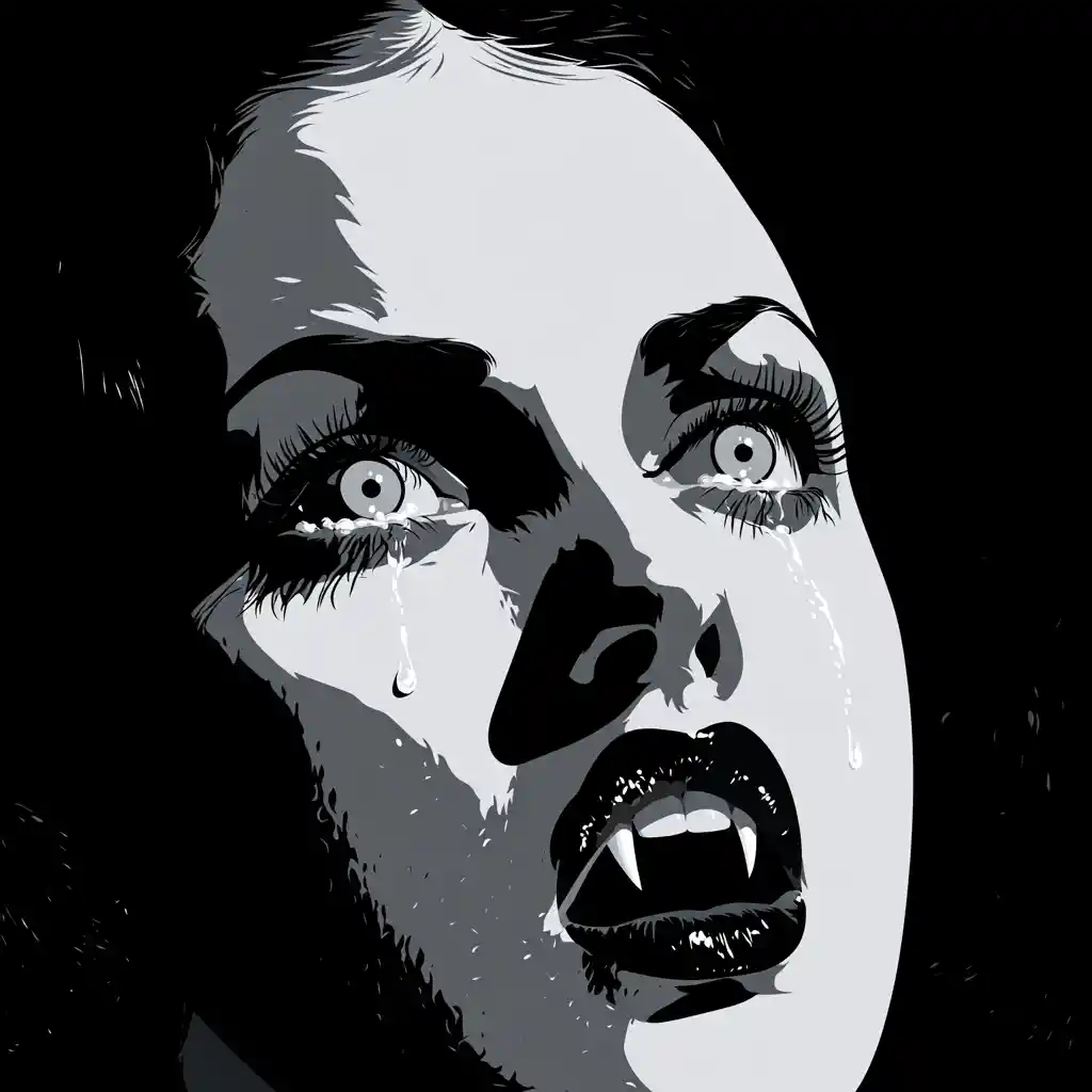 Melancholic close up portrait of a crying vampire woman