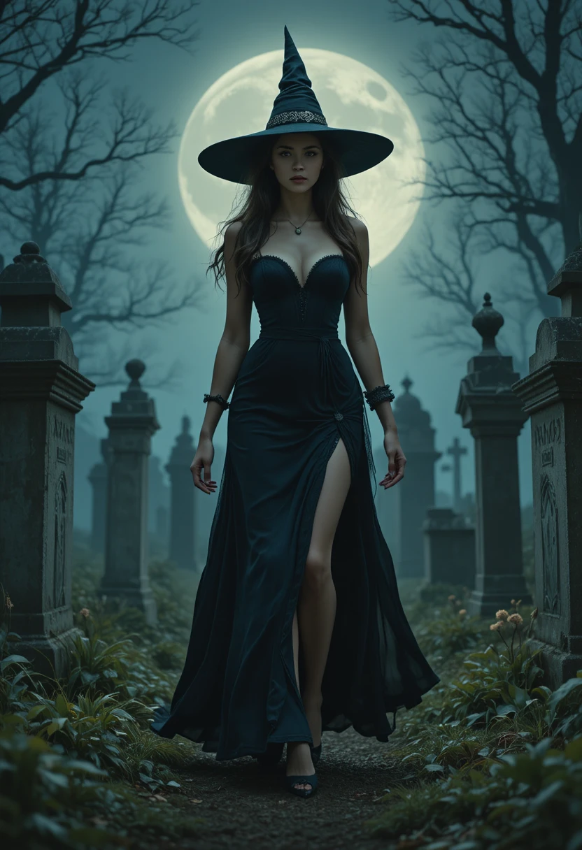 Elegant witch walking alone in a moonlit cemetery