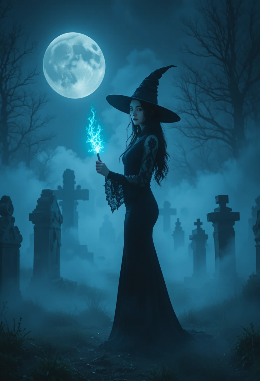Bruja elegante con varita luminosa en un cementerio brumoso