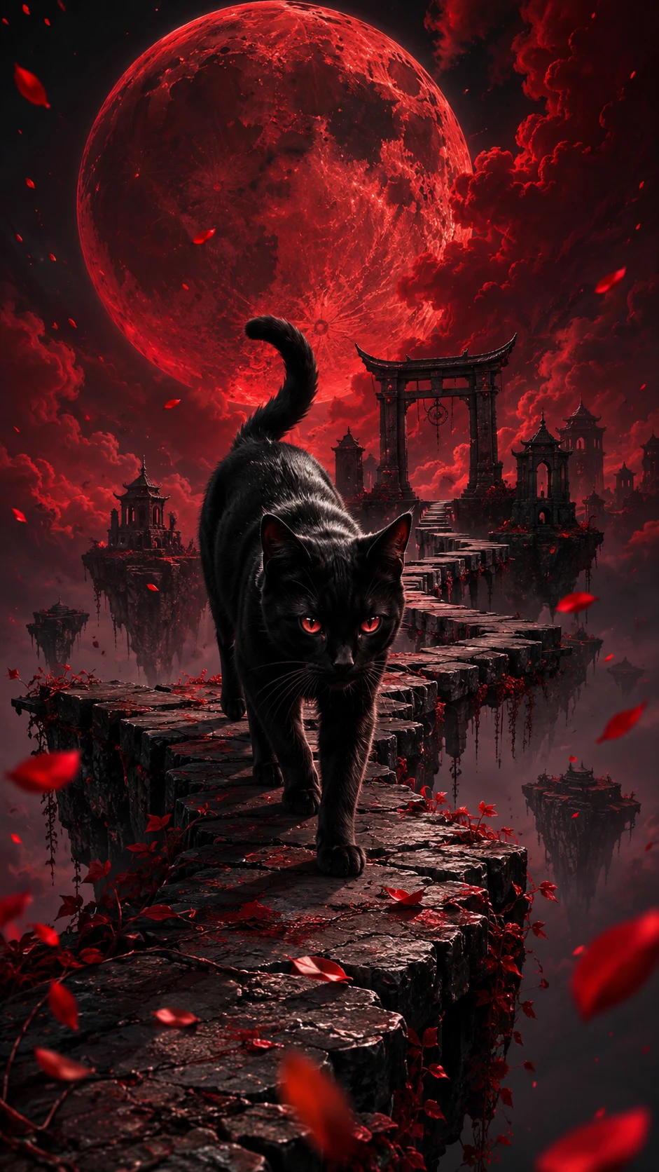 Gato negro cruzando puentes de piedra flotantes bajo la luna roja