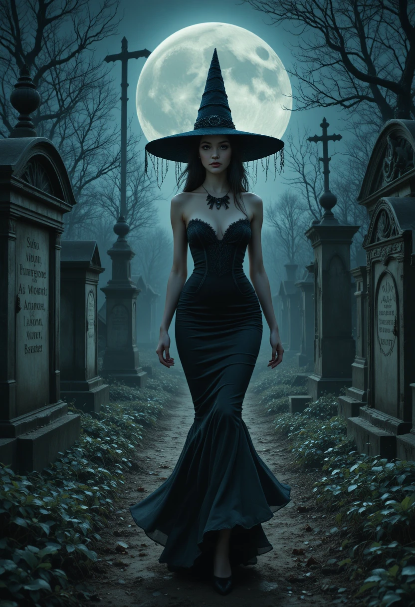 Strega in abito nero che cammina in un cimitero illuminato dalla luna