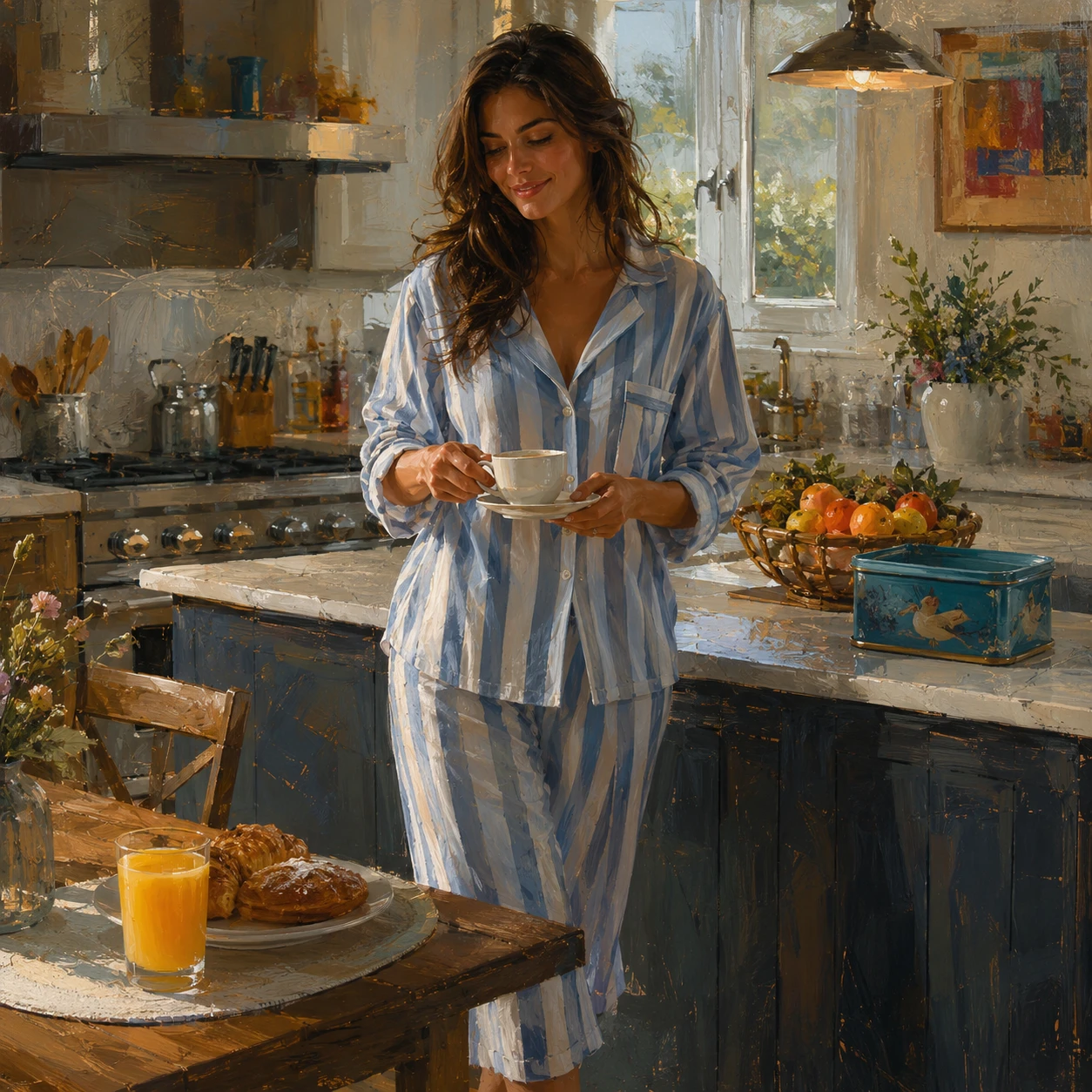 Mujer sirviendo el desayuno en una cocina moderna y acogedora