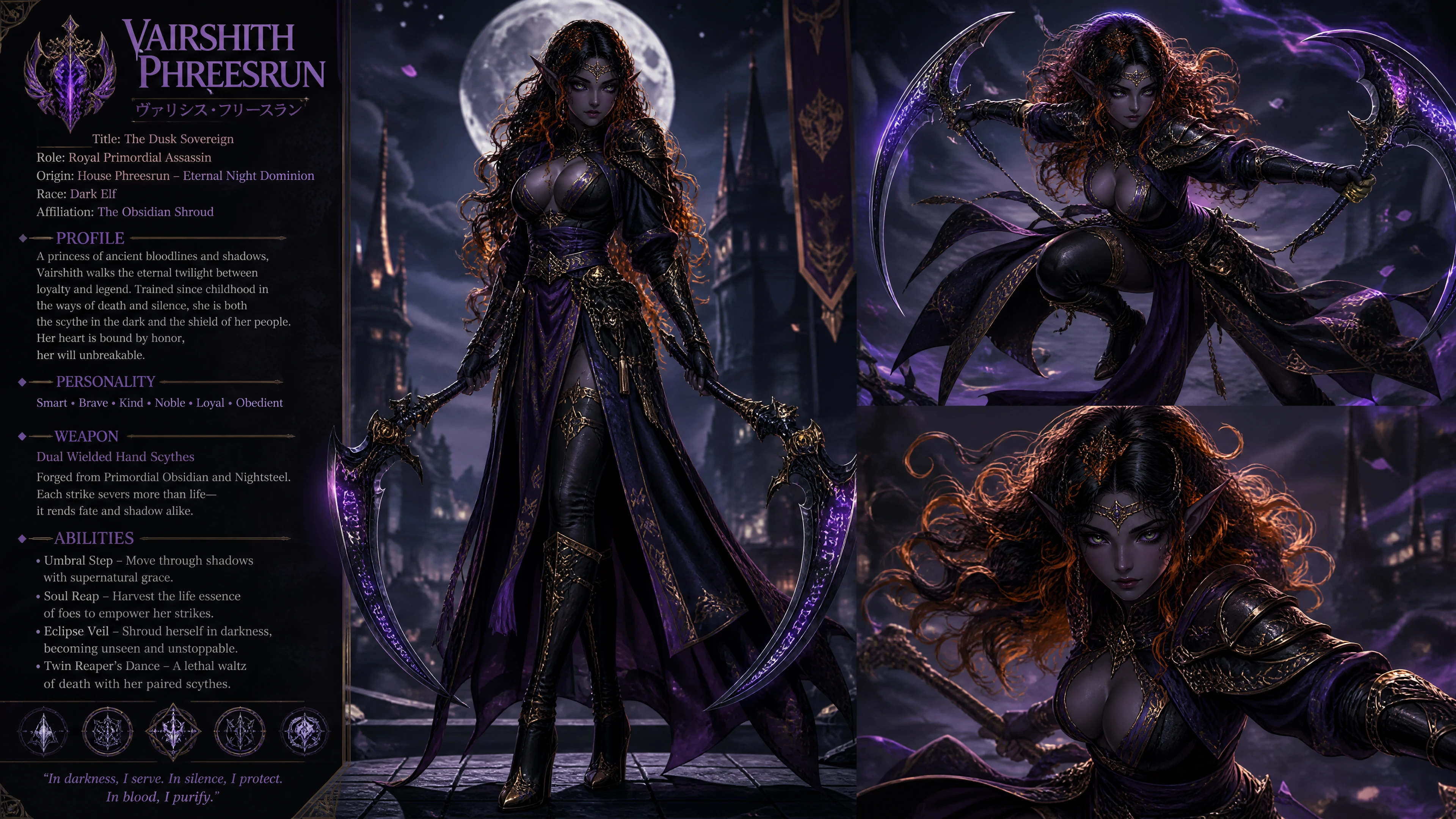 Elfa oscura con armadura real de ninja asesina