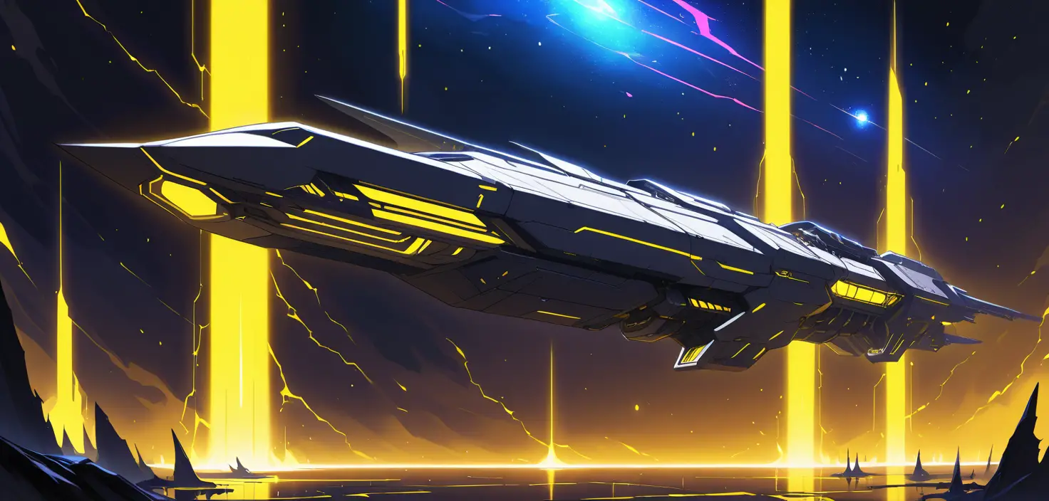 Futuristic dreadnought spaceship in a yellow cosmic storm