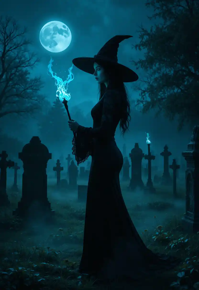 Elegant witch with glowing wand in moonlit graveyard