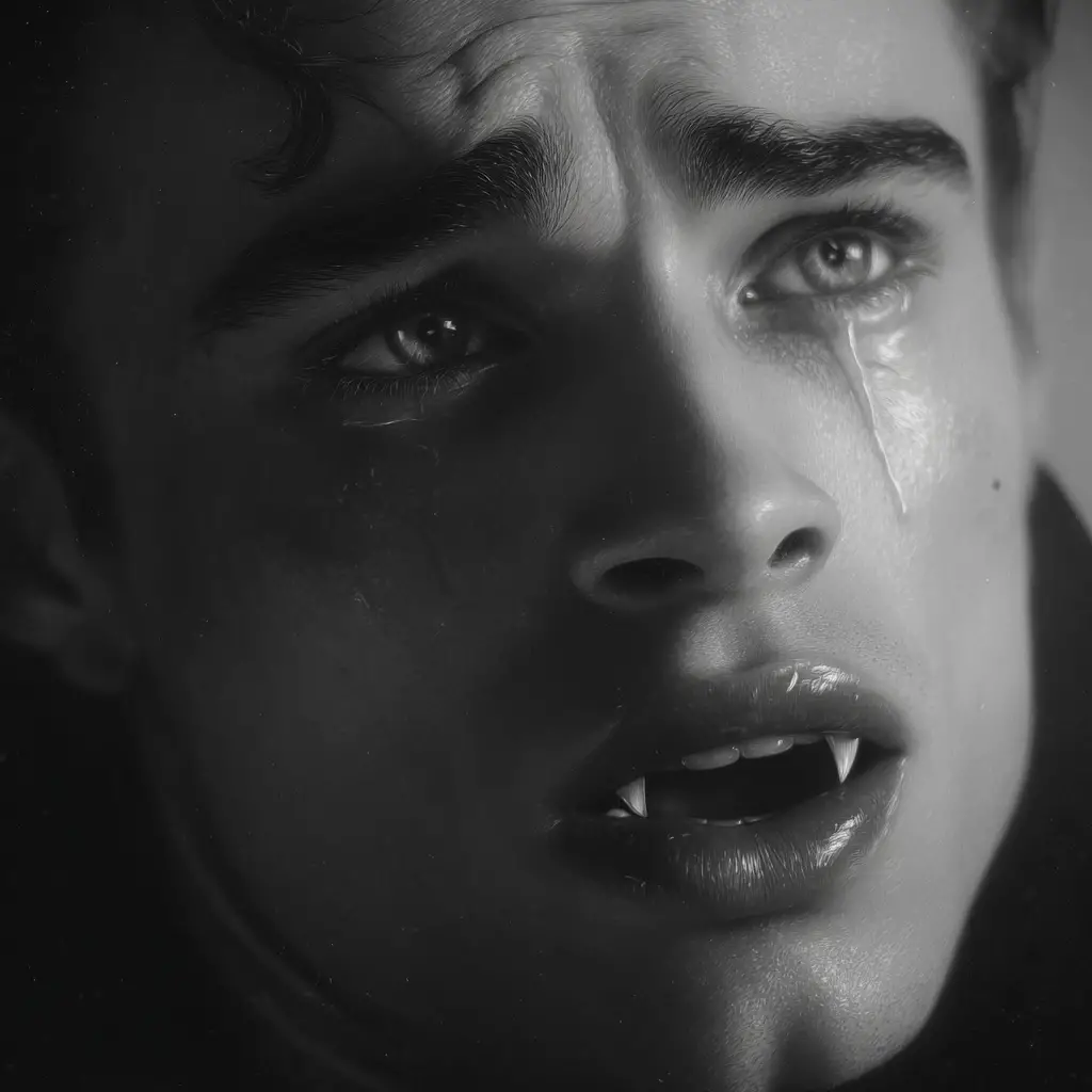 Melancholic vampire close up in vintage black and white