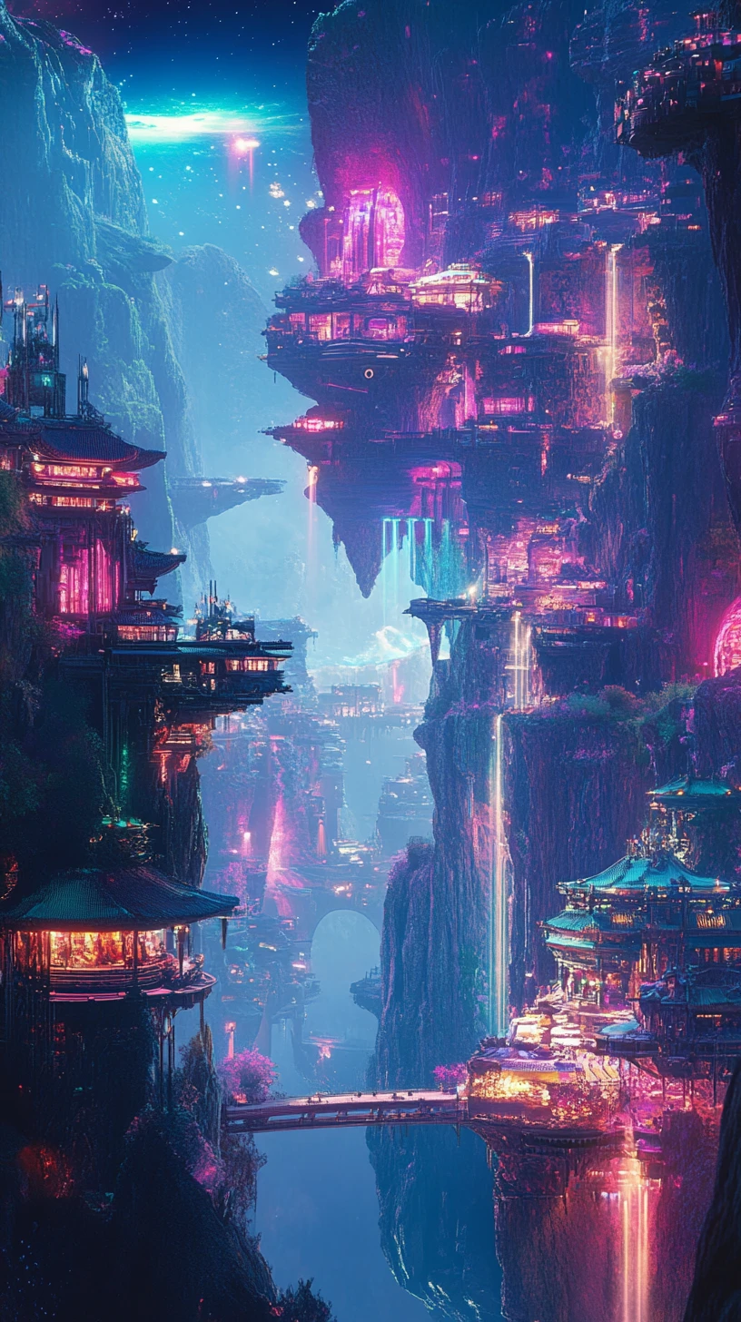 Mundo de fantasía de neón colorido en ilustración de anime