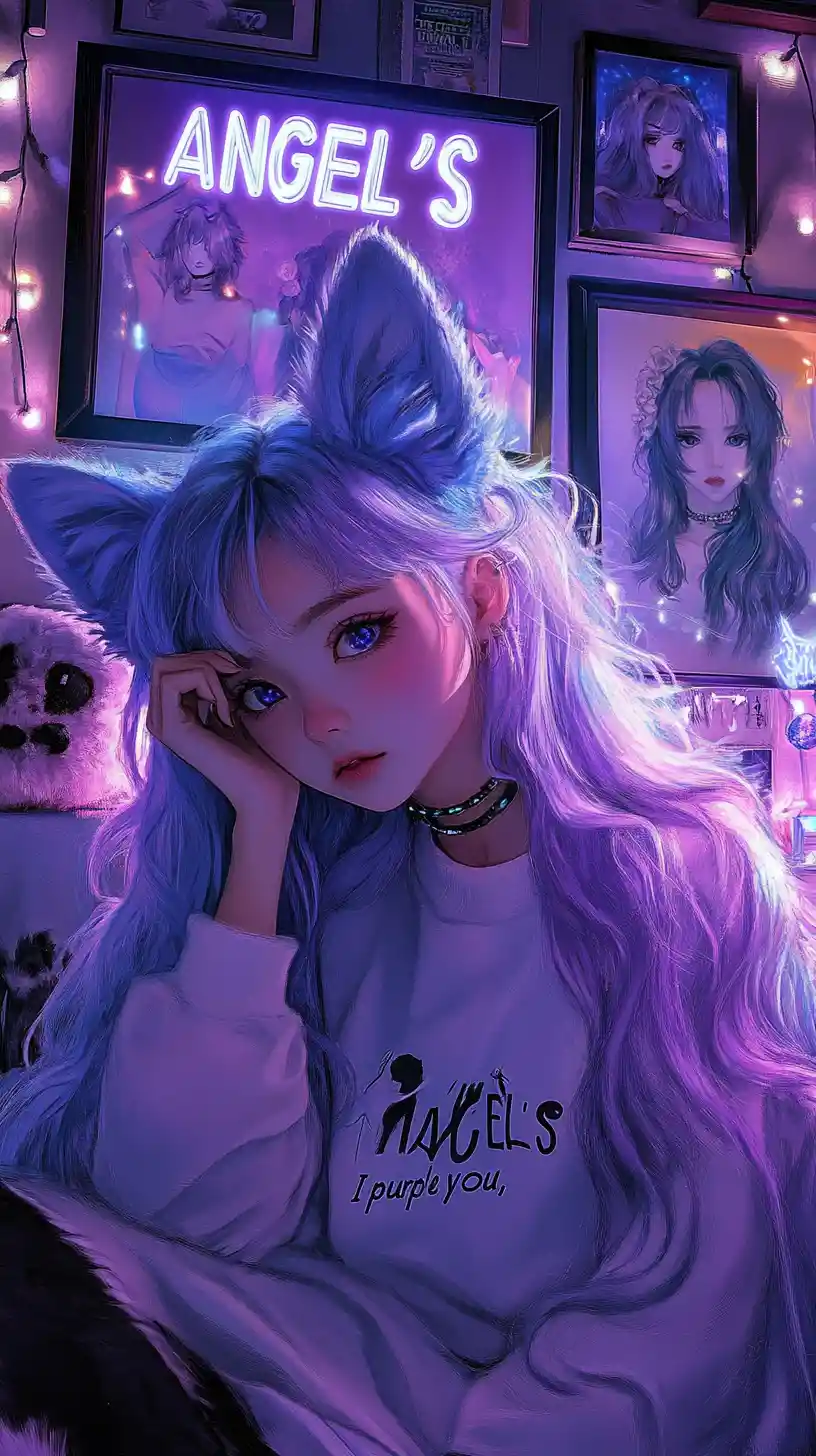 Ragazza anime pensierosa in un santuario da camera da letto al neon viola