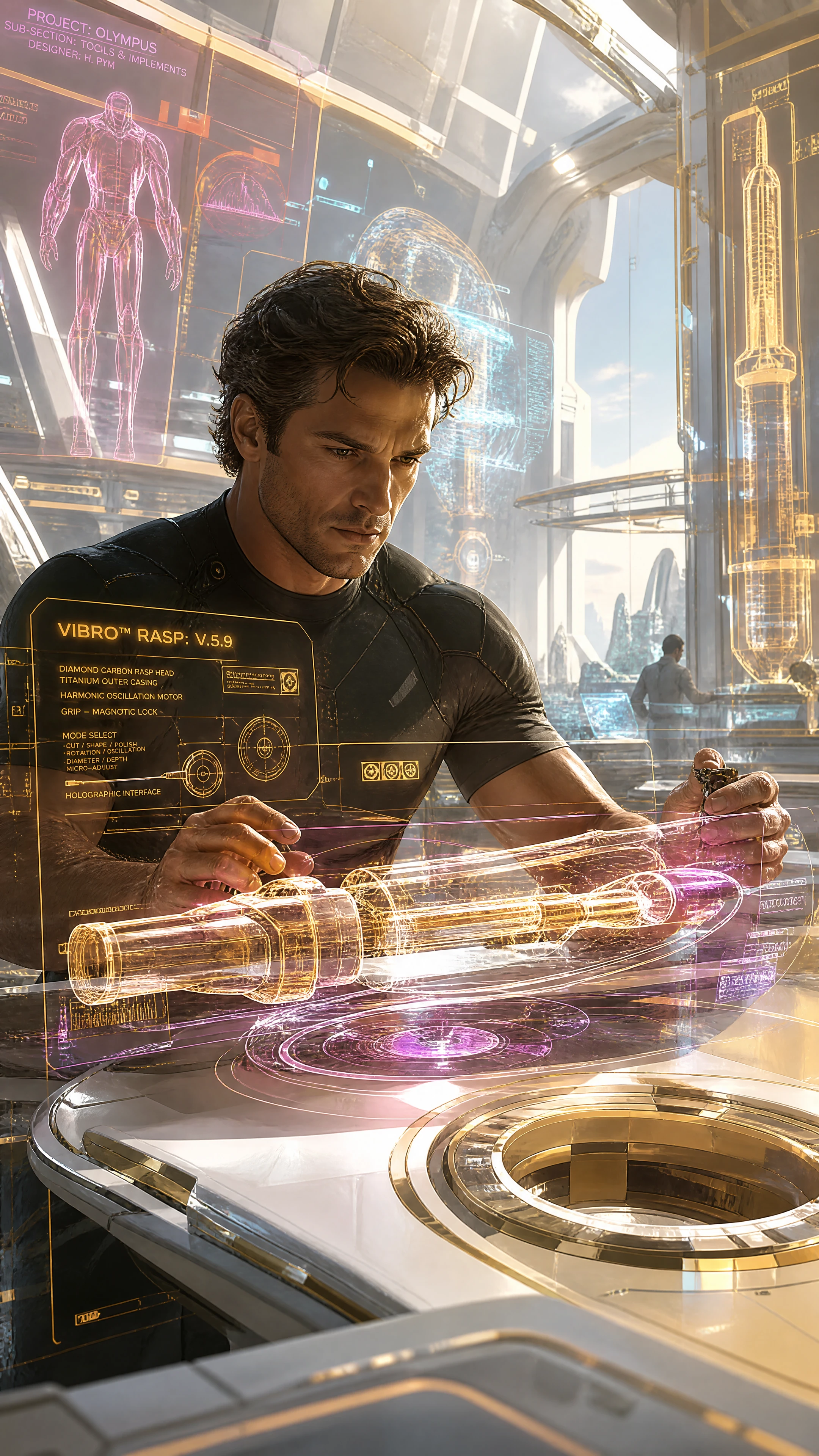 Hombre concentrado en estación de trabajo holográfica en laboratorio futurista