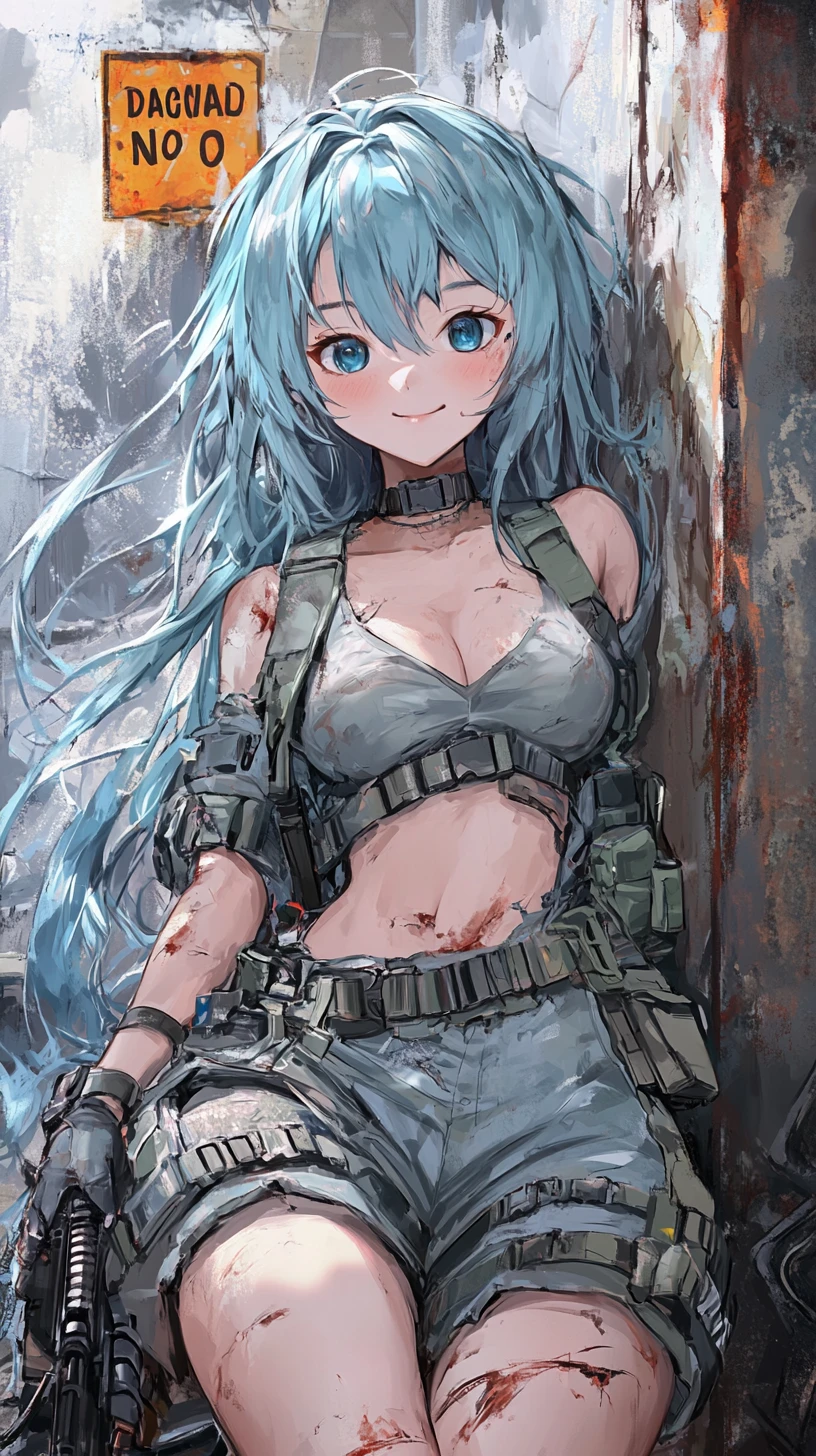 Anime girl resting by a ruined danger zone wall
