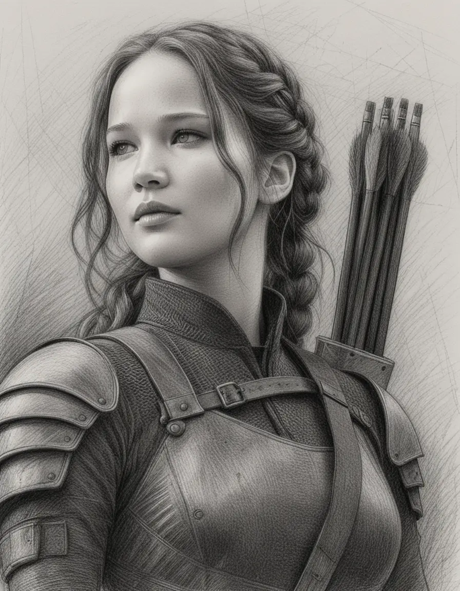 Graphite portrait of a determined armored archer woman
