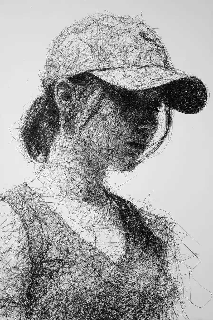 Close up ink scribble portrait of a young woman