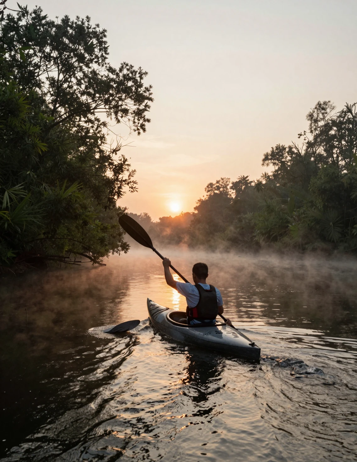 Hombre en kayak en un río neblinoso al amanecer