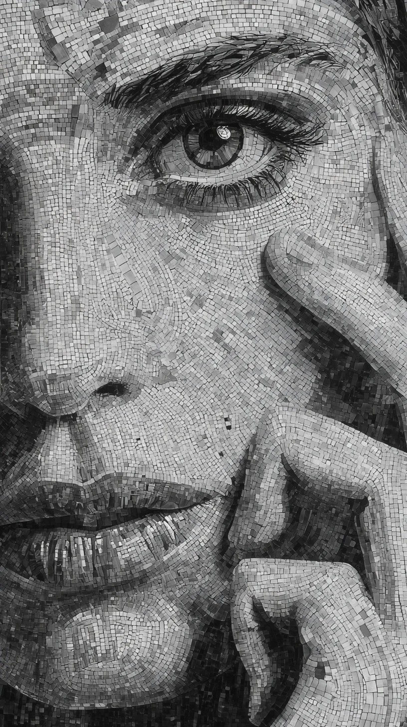 Primer plano en mosaico en blanco y negro del rostro de una mujer