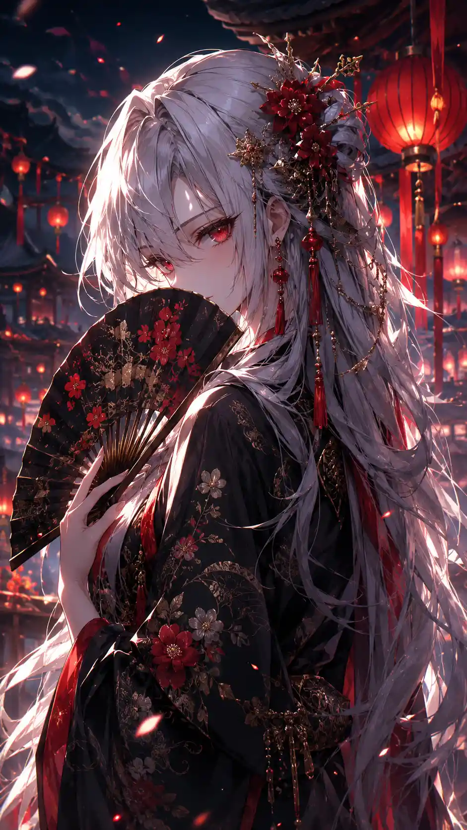 Silver haired anime girl in black kimono at night