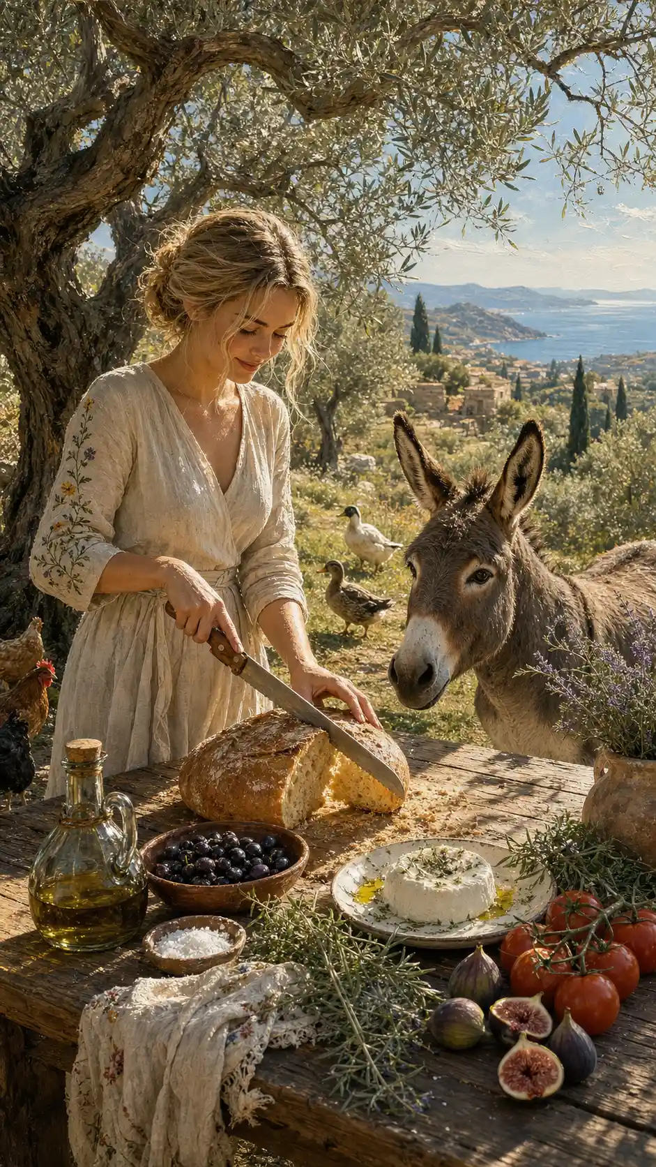 Woman slicing rustic bread beneath an olive tree