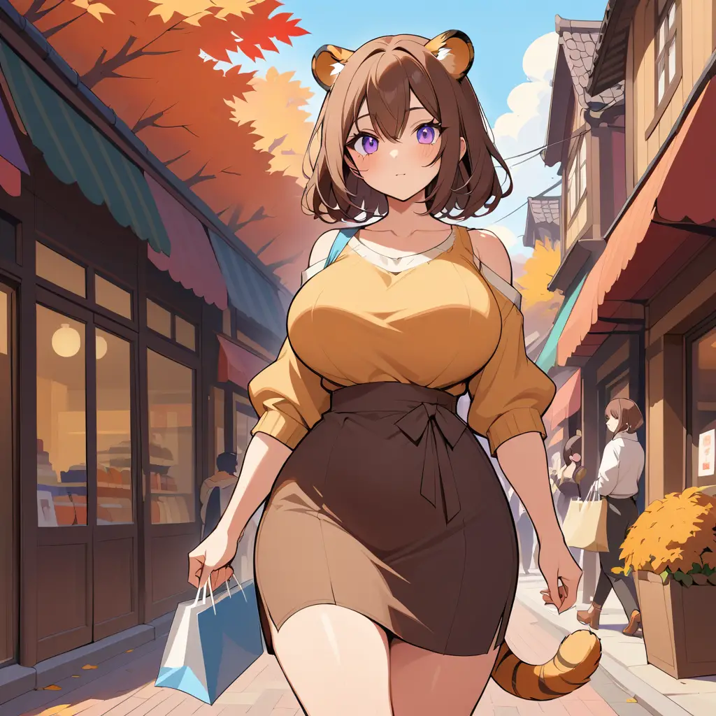 Tiger eared woman walking along an autumn shopping street