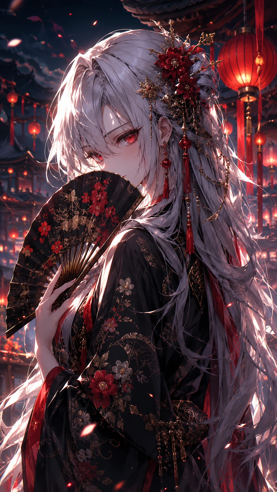 Chica de anime de cabello plateado con kimono negro de noche