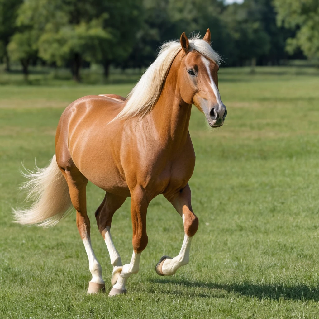 Cavallo sauro al trotto in un assolato prato erboso