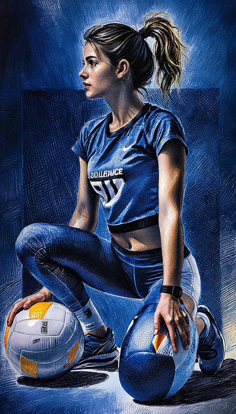 Chica atlética con balón de voleibol en dibujo detallado a pluma