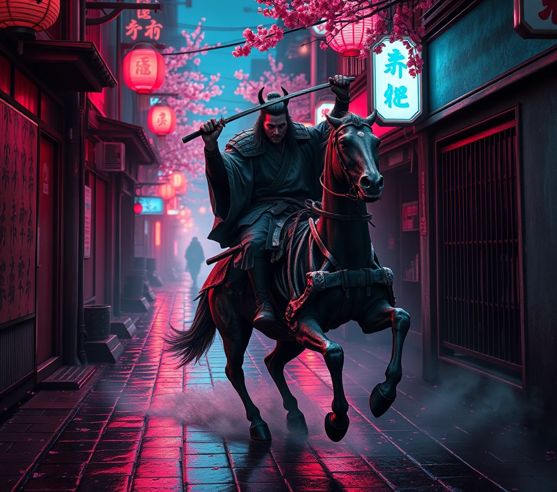 Samurái montando caballo esquelético en un callejón neón de Edo