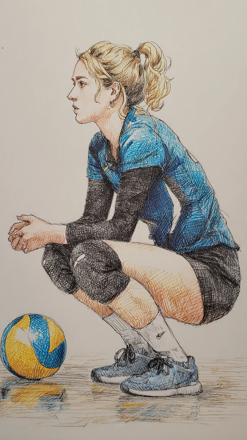 Boceto de jugadora/jugador de voleibol defensiva/o sobre papel de dibujo texturizado