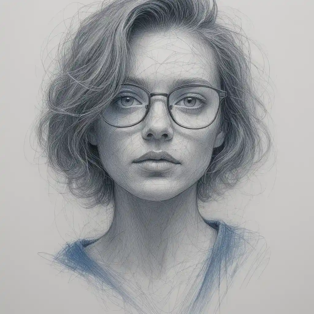 Expressive ballpoint pen portrait with yellow tinted glasses