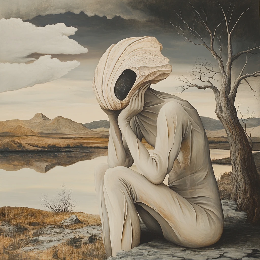Mujer rubeniana surreal en un paisaje místico retorcido