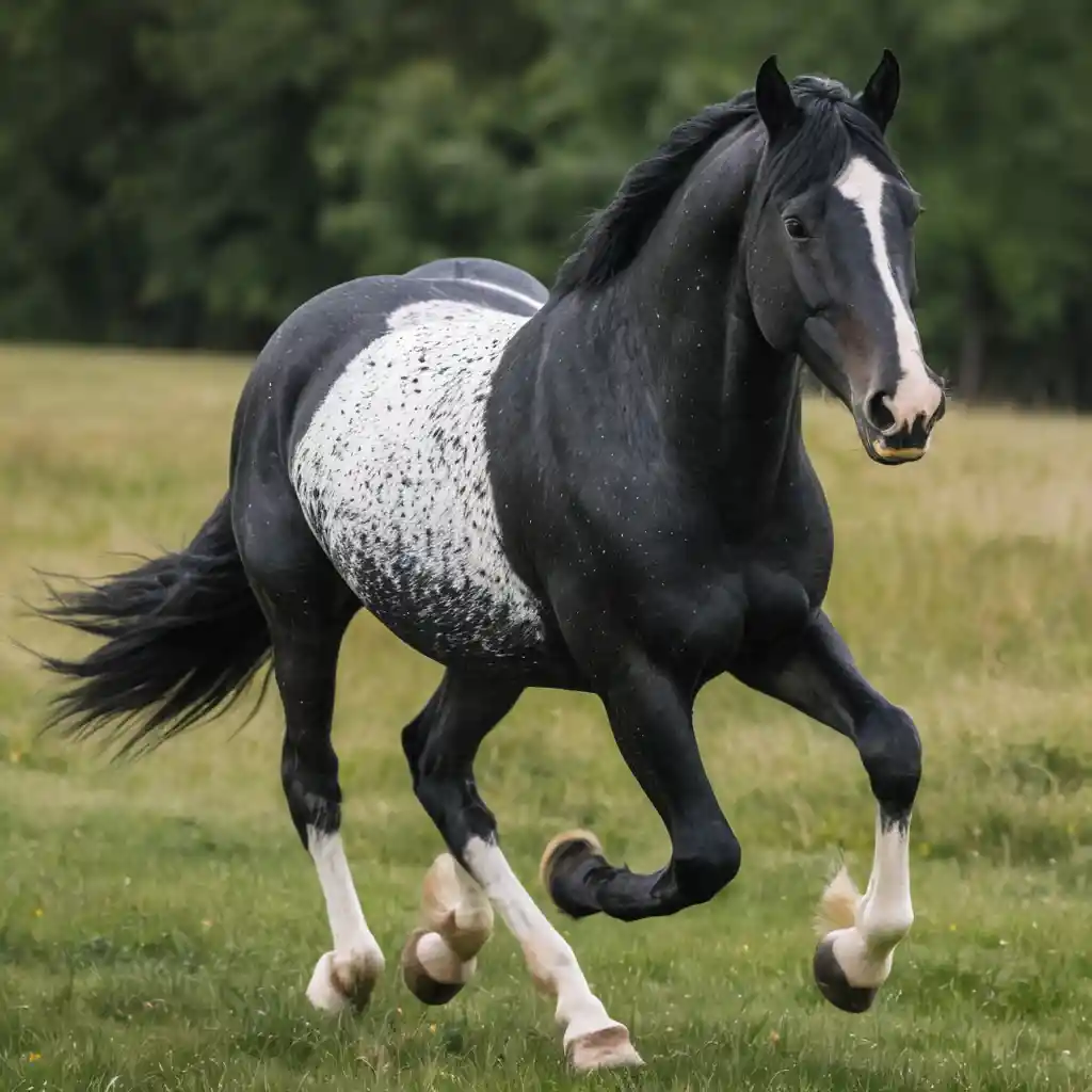 Black horse with white speckles in a grassy field