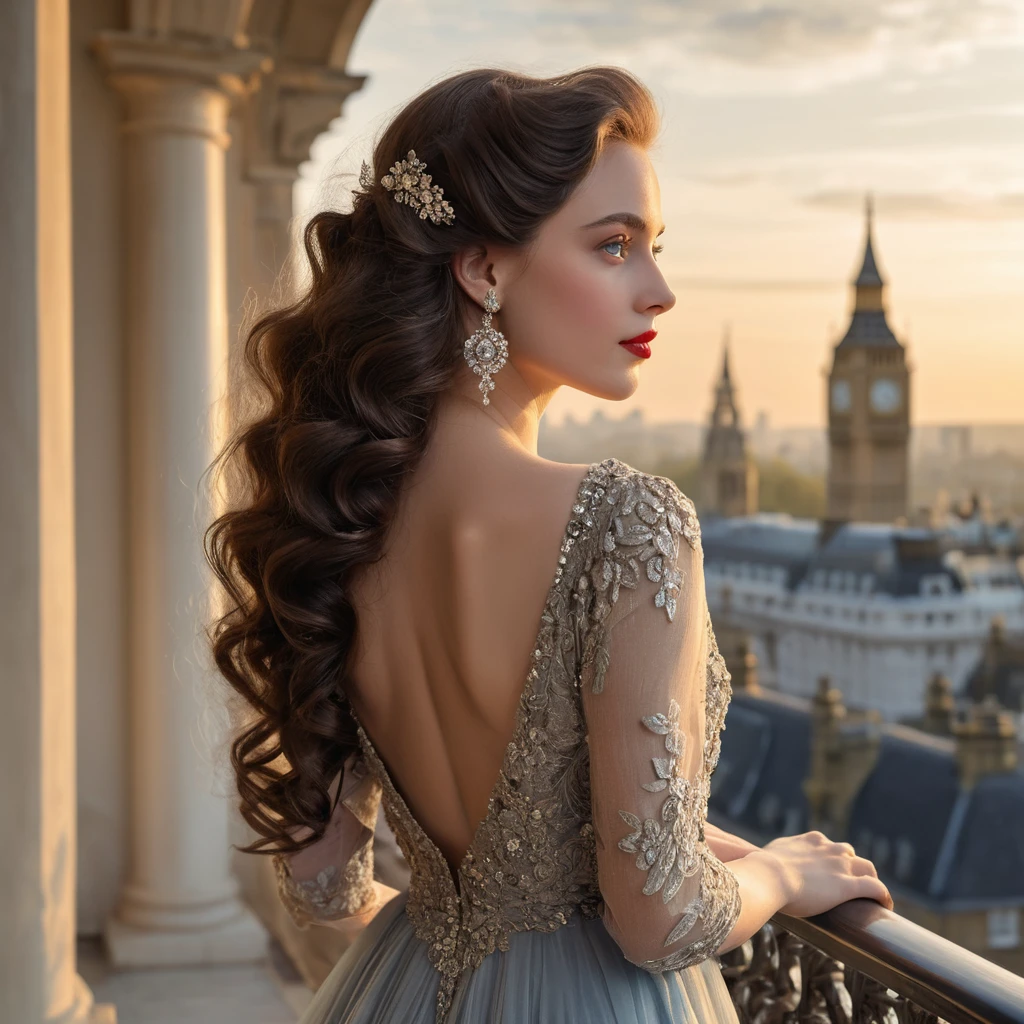 Elegant young woman on a London balcony at sunset