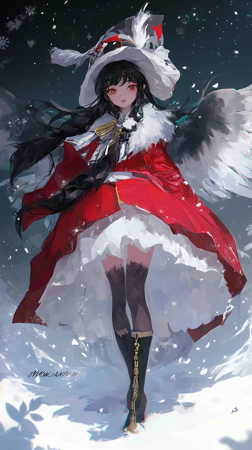 Chica de anime con gorro rojo esponjoso y amplia sonrisa escalofriante