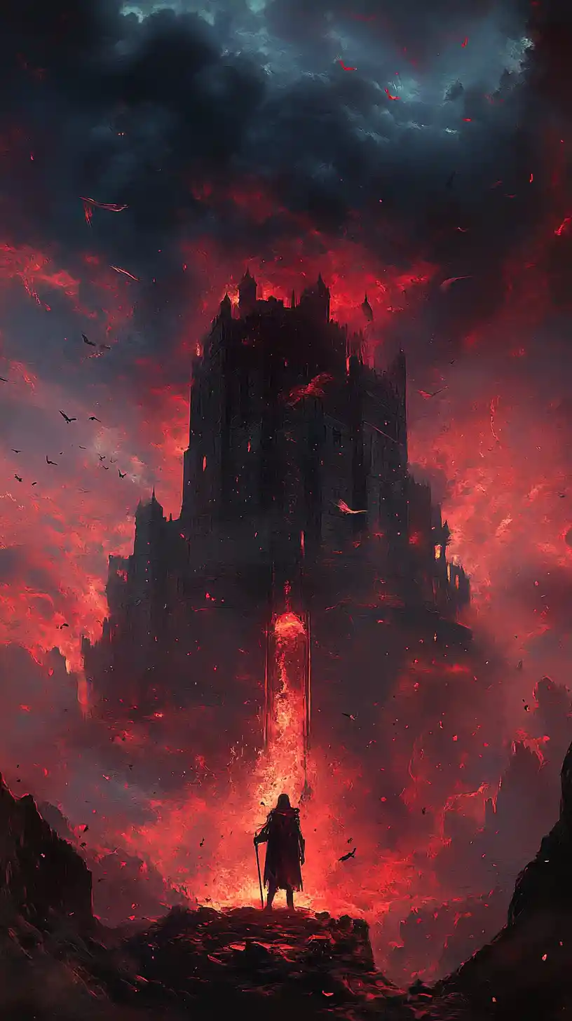 Ancient ice dragon emerging over a burning fantasy landscape