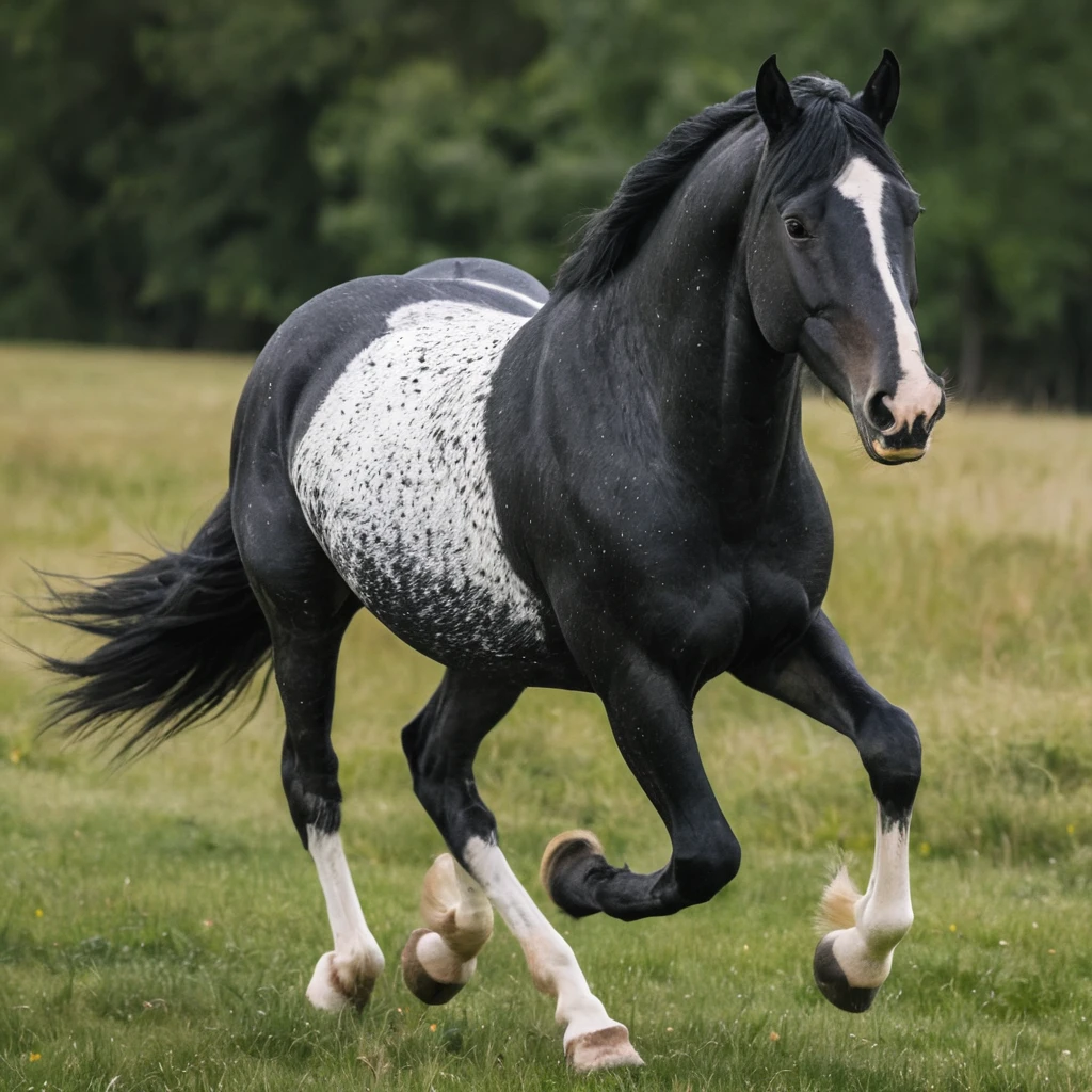 Cavallo nero con macchioline bianche in un prato verde