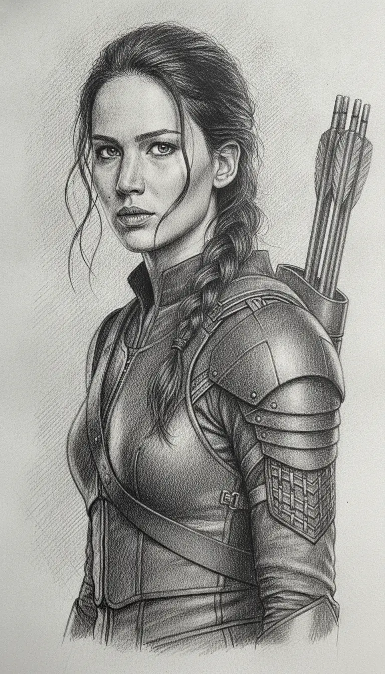 Graphite Portrait Of Determined Archer Woman In Armor