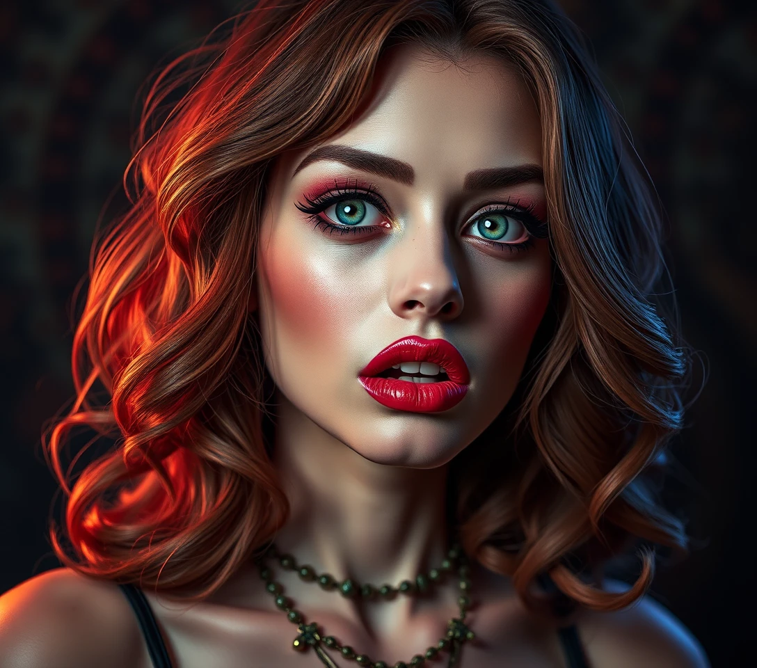 Retrato surrealista de una mujer con expresión inquietante y juguetona