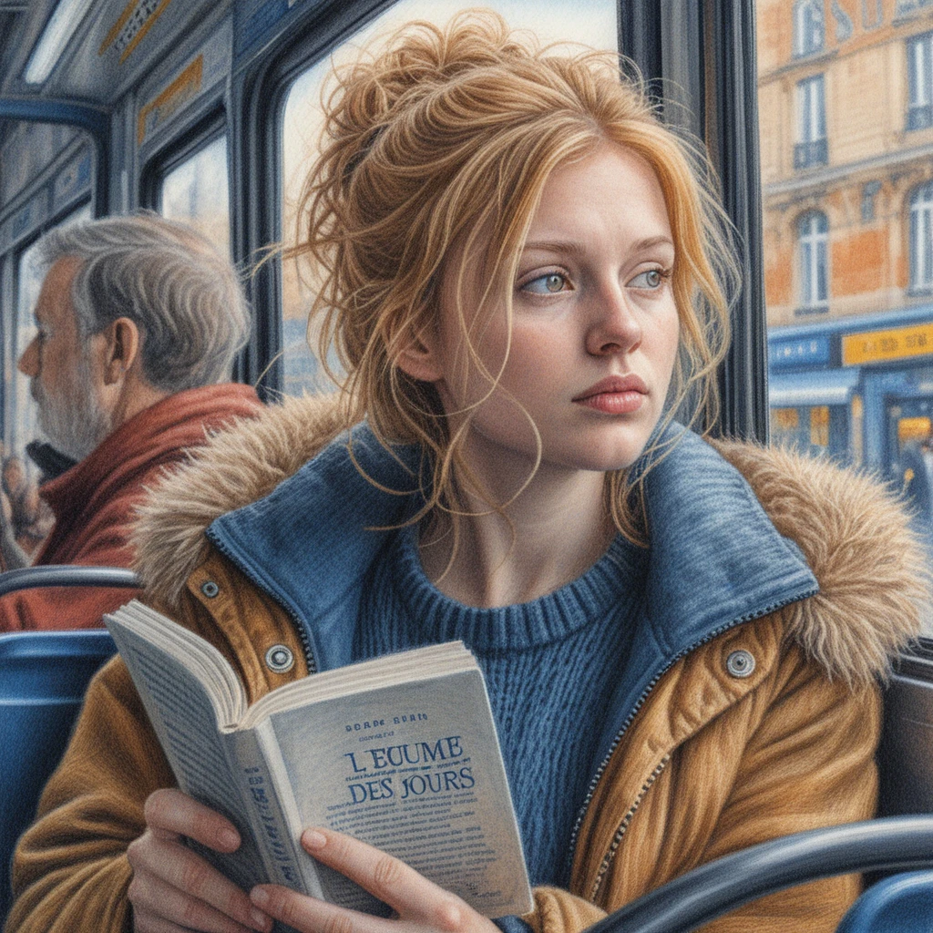 Chica pensativa leyendo en un autobús urbano