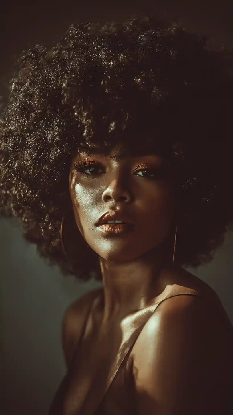Selbstbewusstes Porträt einer schwarzen Frau mit strahlenden Afro-Locken