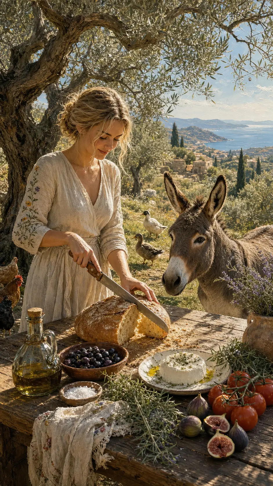 Woman slicing rustic bread beneath an olive tree