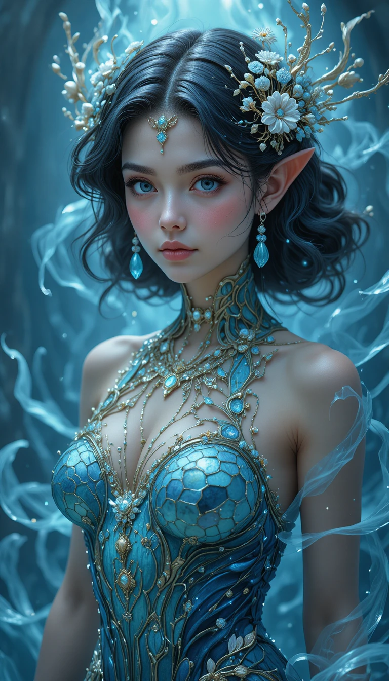 Elegante mujer sirena con perlas y cola luminosa
