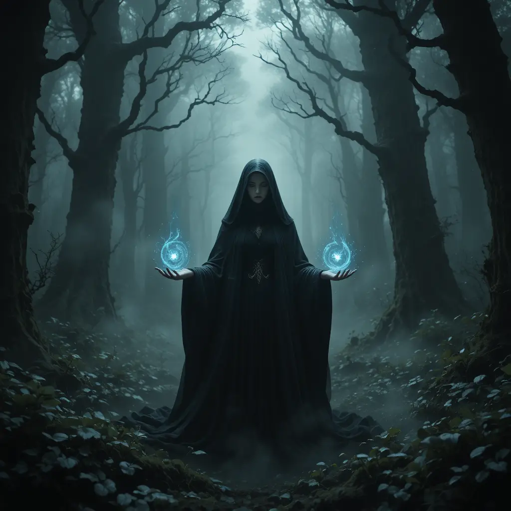 Hooded sorceress summoning shadows in misty ancient forest