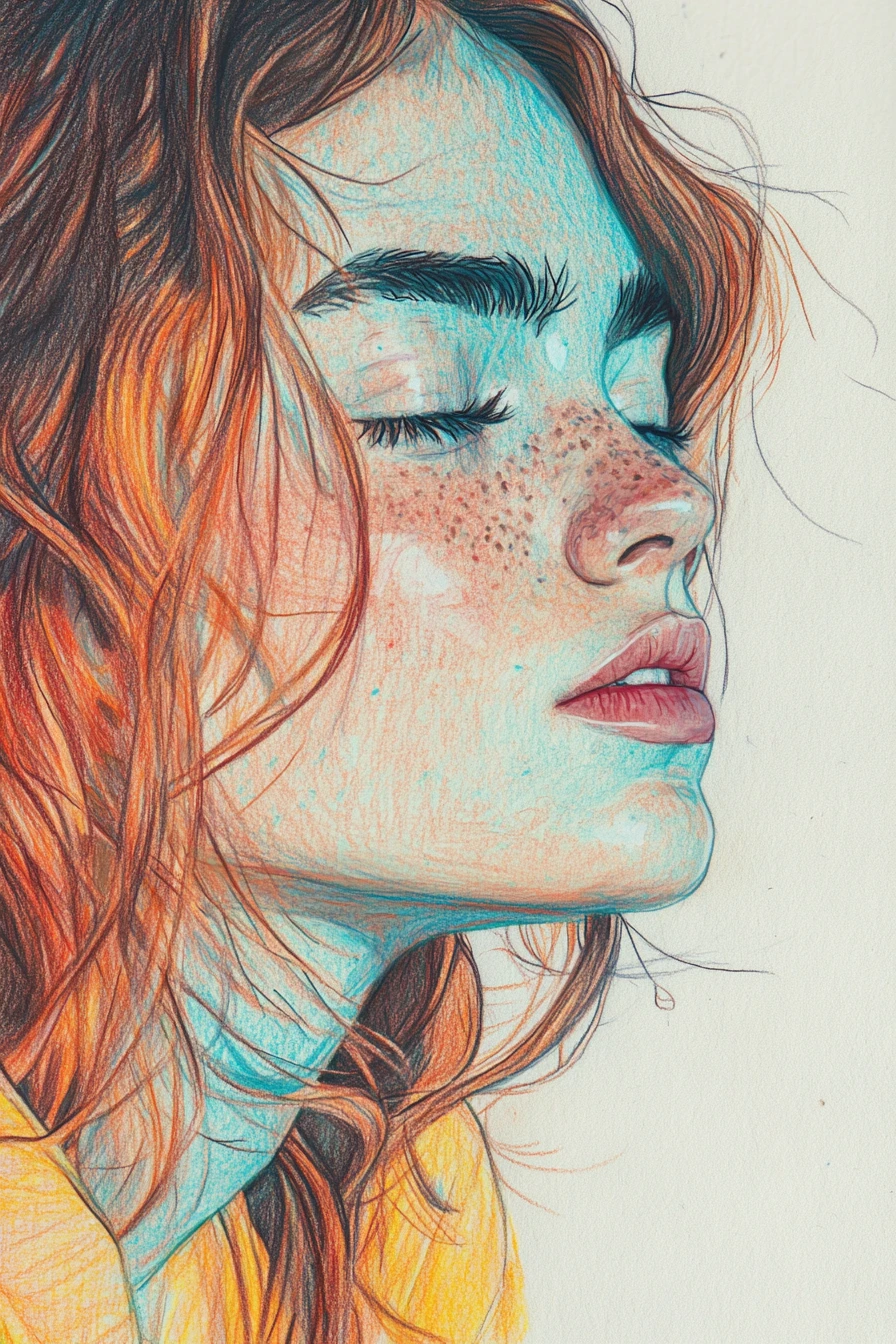Retrato de chica melancólica en ilustración a lápiz de colores