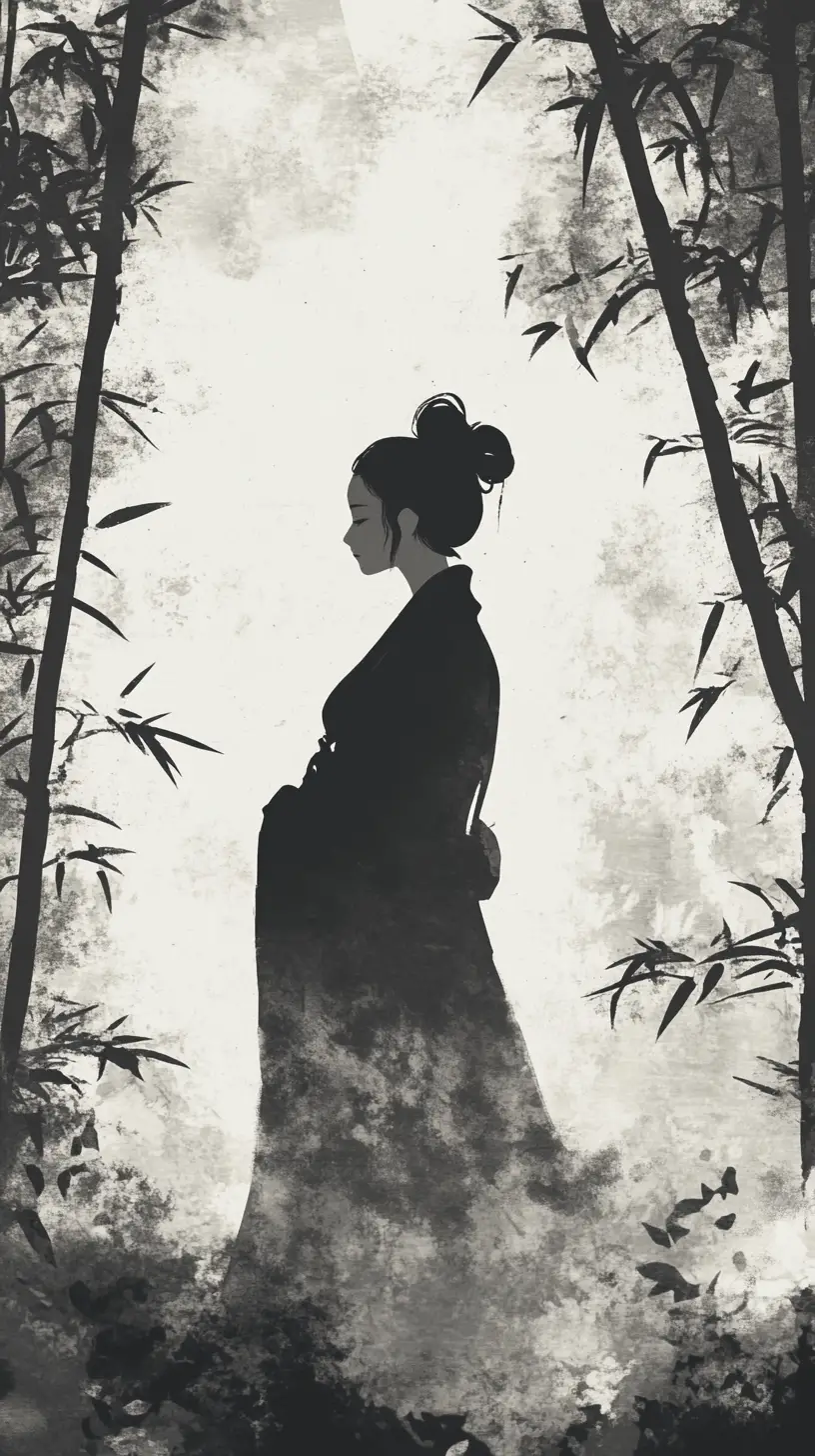 Woman in traditional dress in a misty bamboo forest