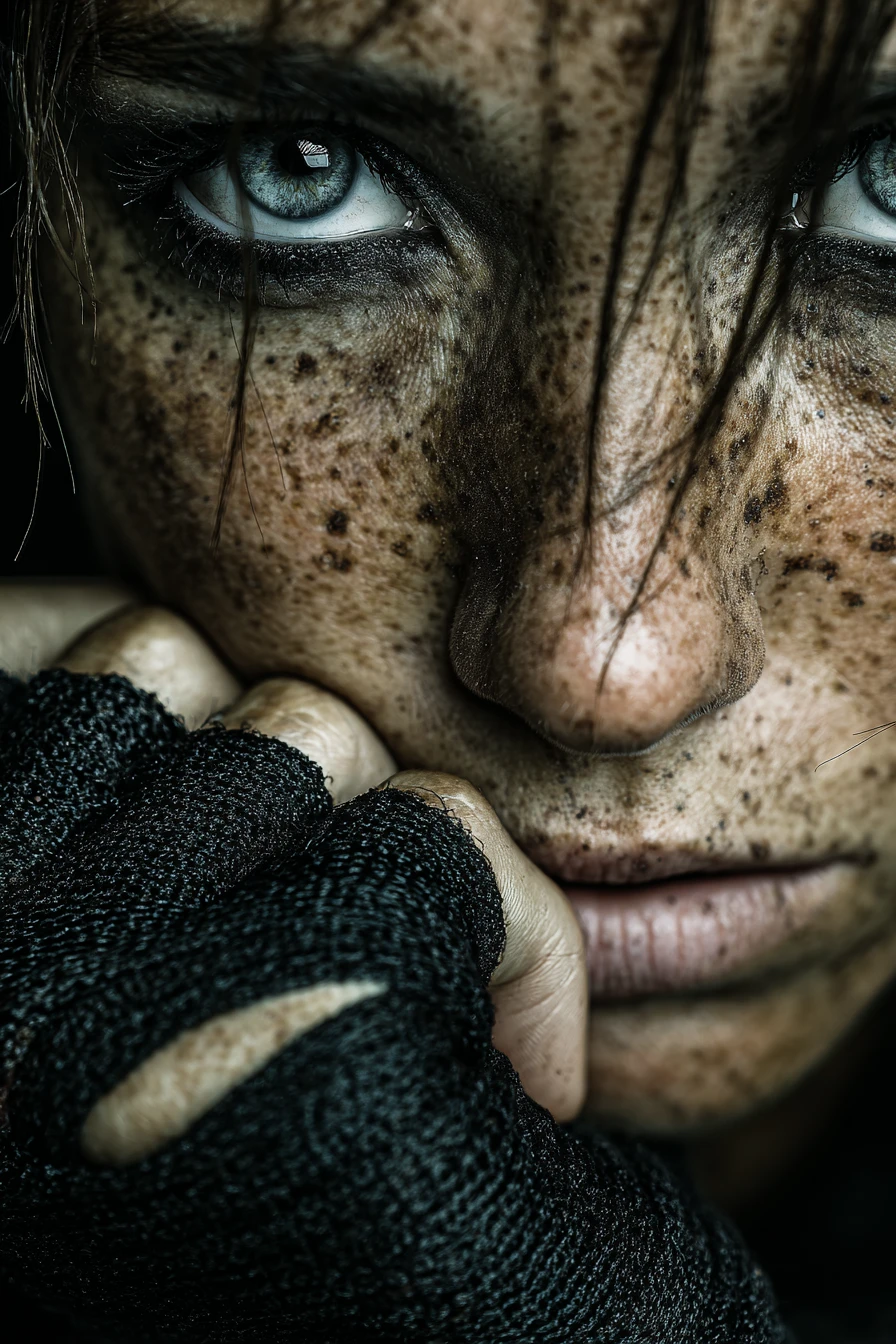Retrato intenso de mujer pecosa con penetrantes ojos azules