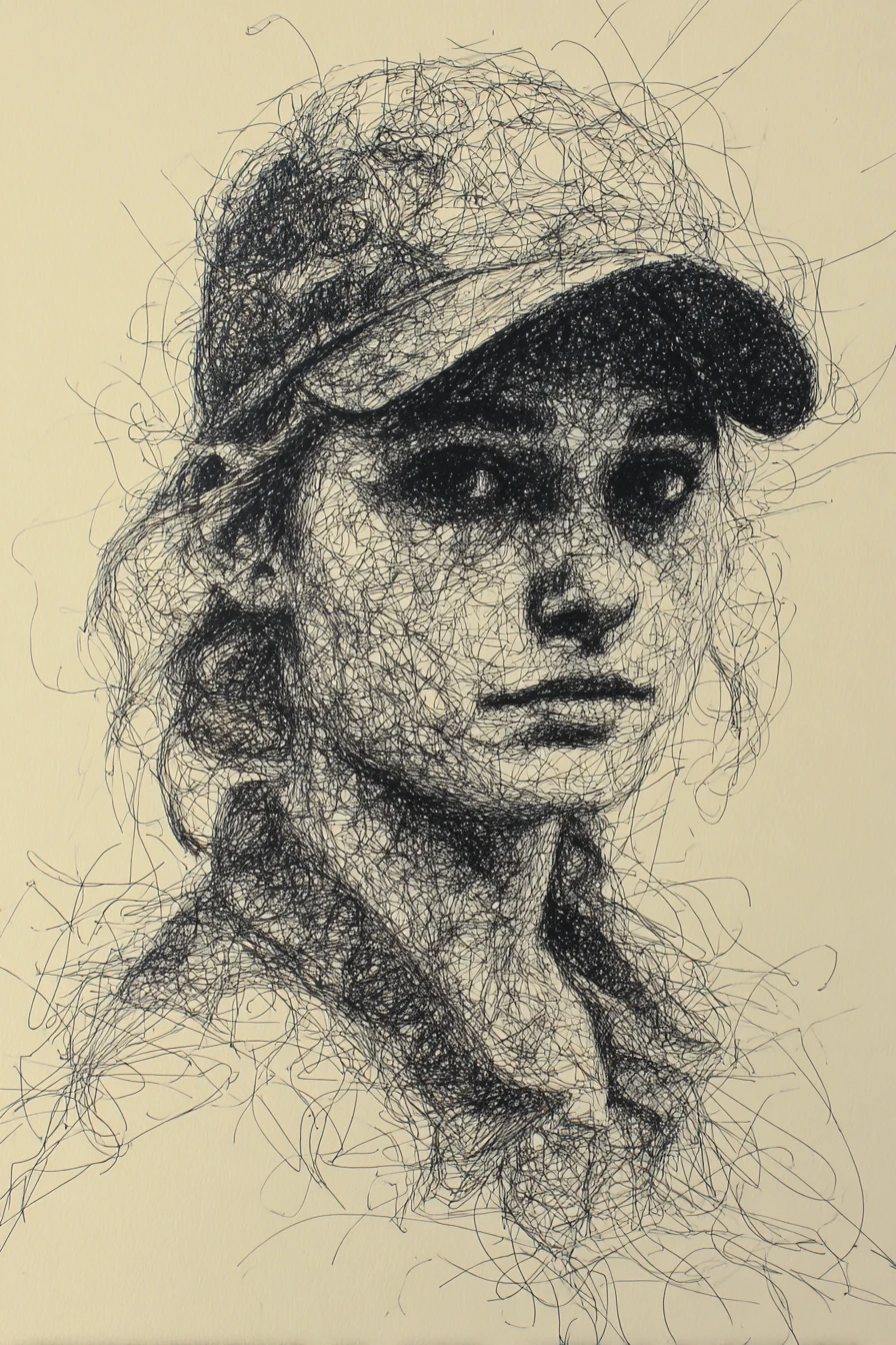 Retrato en primer plano de una mujer joven en estilo garabato de tinta