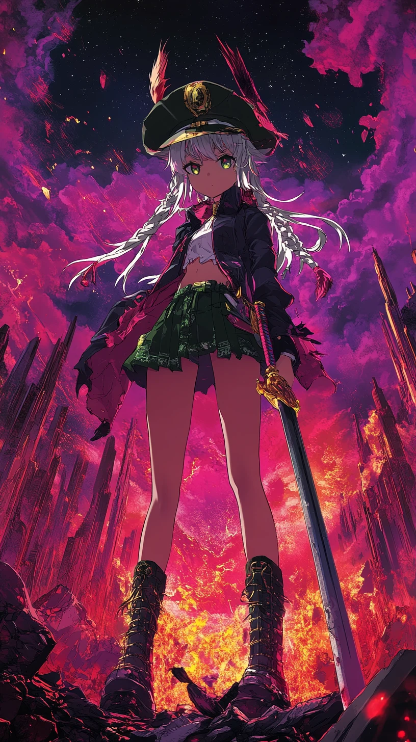 Torre de acero y espadas de anime bajo una tormenta de cristales púrpuras